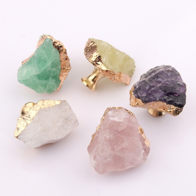 Furniture Hardware Drawer Pulls - Natural Rough Stone Handle Nordic Brass